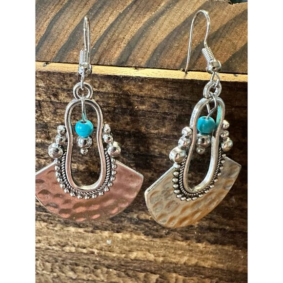 Boho Hippie Western Cowgirl Turquoise Stone Fan Silver Drop Wire Earrings, Gift - Picture 4 of 7